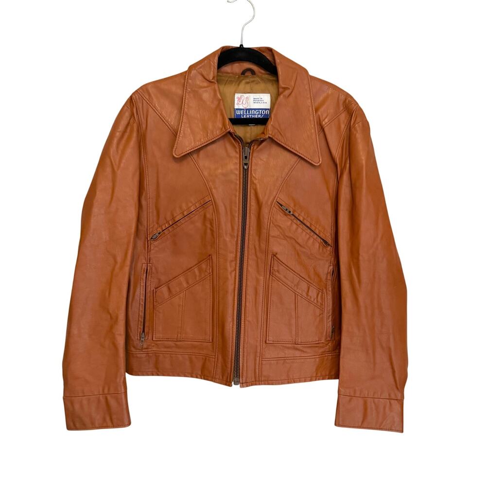 VTG Wellington Leathers Moto Jacket Mens 44 Brown Leather Western Biker Rugged